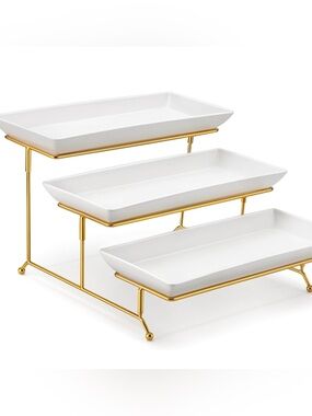 Three-Tier Ceramic Serving Tray with Gold Stand